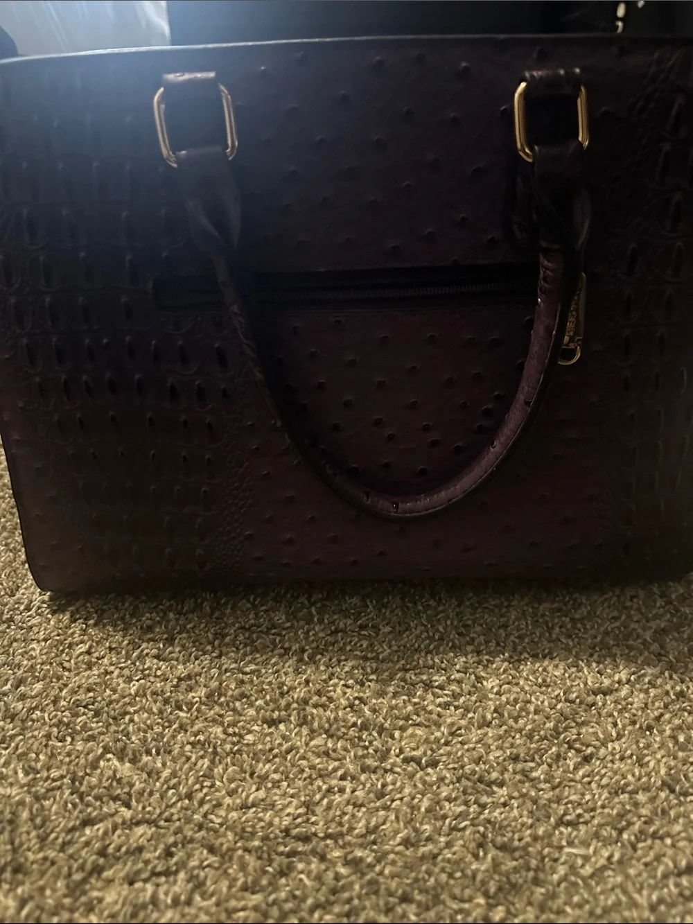 Structured Croc-Embossed Satchel in Plum with Gold Accents